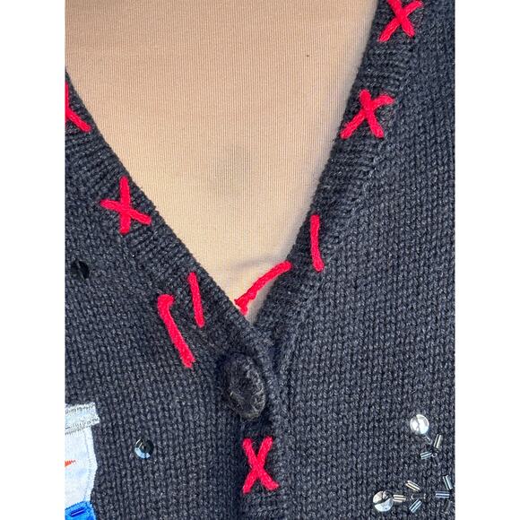 Vintage Holiday Sweater Black Embroidered Embellished Sequin Christmas Vest - Picture 10 of 14